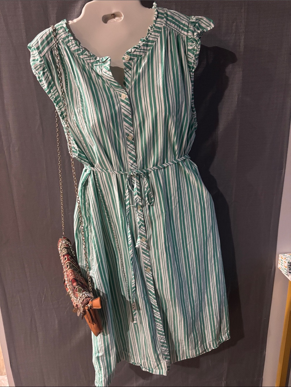LOFT Green and White Striped Midi Button-Front Dress